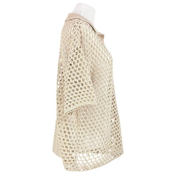 PRETTY GARBAGE NWT Short-Sleeve Open Stitch Collared Cardigan in Beige Size S - Picture 6 of 9